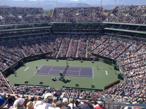 Roger Federer (serving on left) vs Novak Djokovic in the 2014 BNP Paribas Open final at Indian Wells, CA
