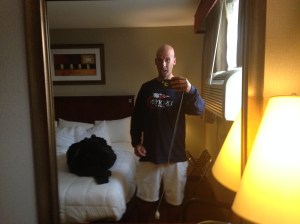 Yours truly at the "LaGuardia Hilton", with the Stalag Luft tower looming just outside.