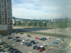 The Montreal skyline and Jacques Cartier Bridge seen from my hotel in Longueuil.